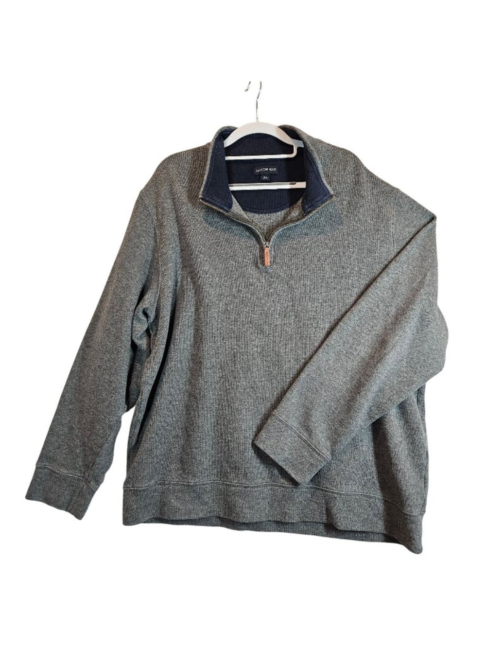 Lands End Mens XL Gray Quarter-Zip Pullover Sweater Cotton Knit Casual Office